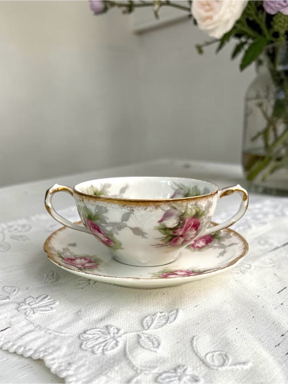 Antique Theodore Haviland Limoges Teacup and Saucer Set, Hand-painted Floral